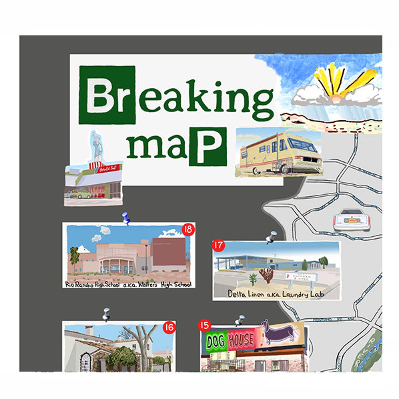 Breaking bad map illustration print fan art tv television hollywood