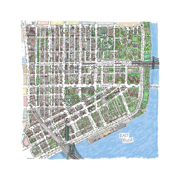 Lower East Side New York City Hand drawn map print cartography Etsy