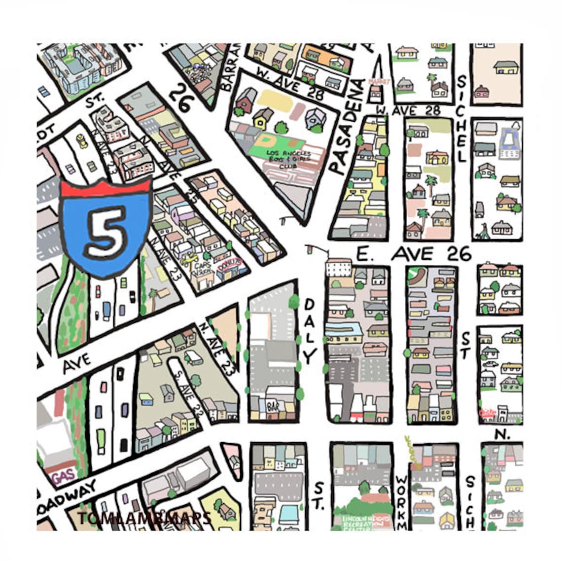 Lincoln Heights CA Map Print Handdrawn L.A. California Art Home