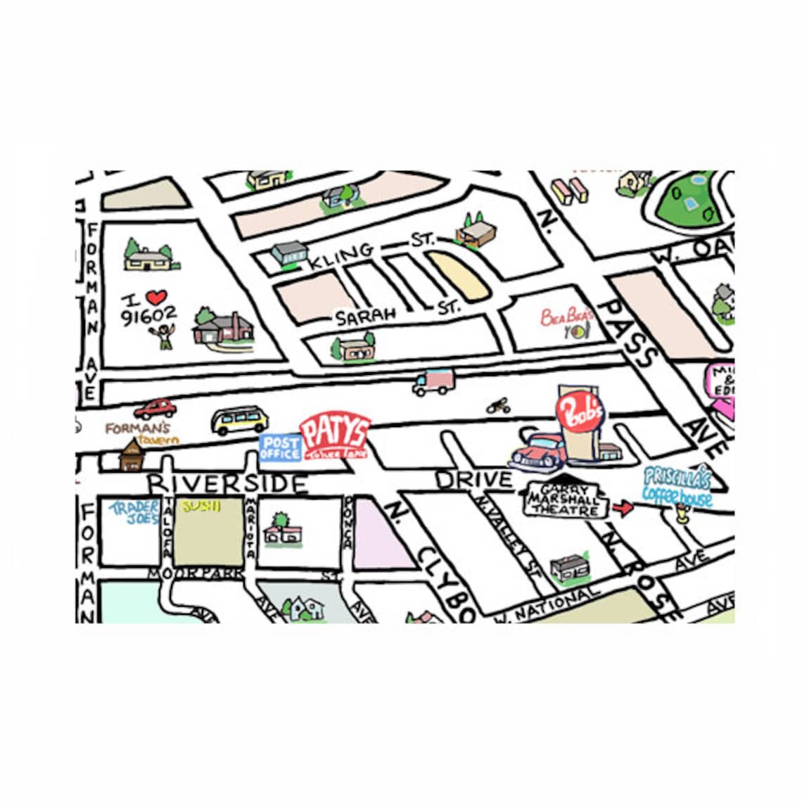 Toluca Lake CA Map Print Handdrawn Los Angeles California Art Home Illustration Cartography