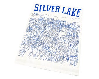 Silver Lake map dish towel hand drawn silk screen print gift original design FREE SHIPPING