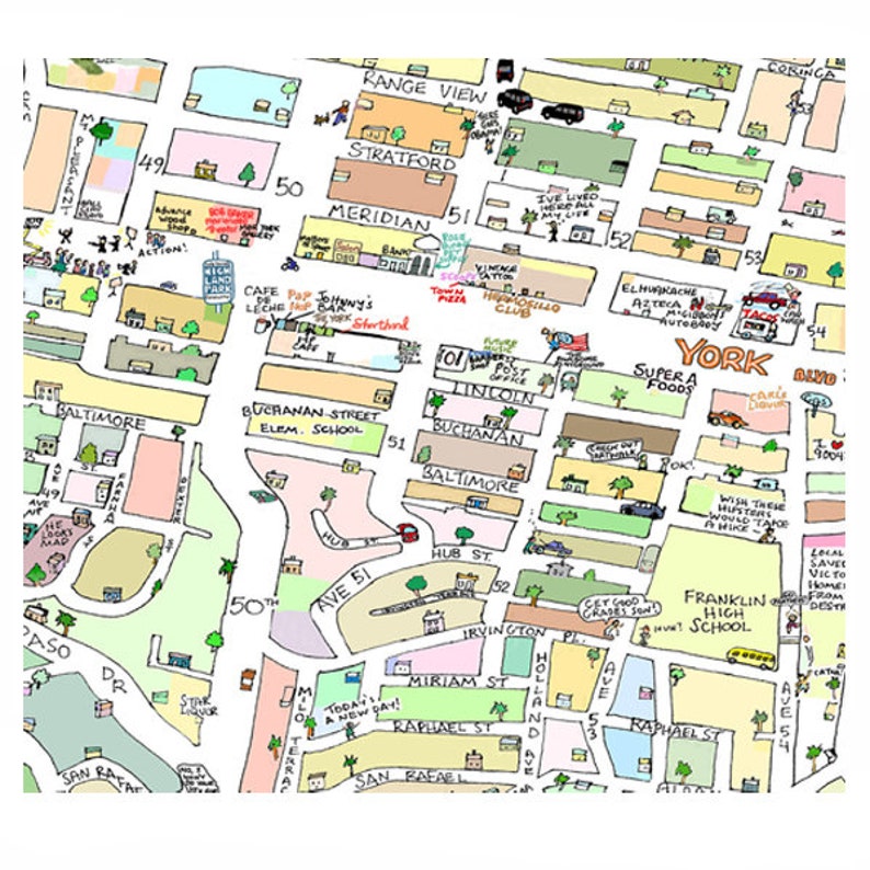 Highland Park CA Map Print Hand-drawn L.A. California Art Home