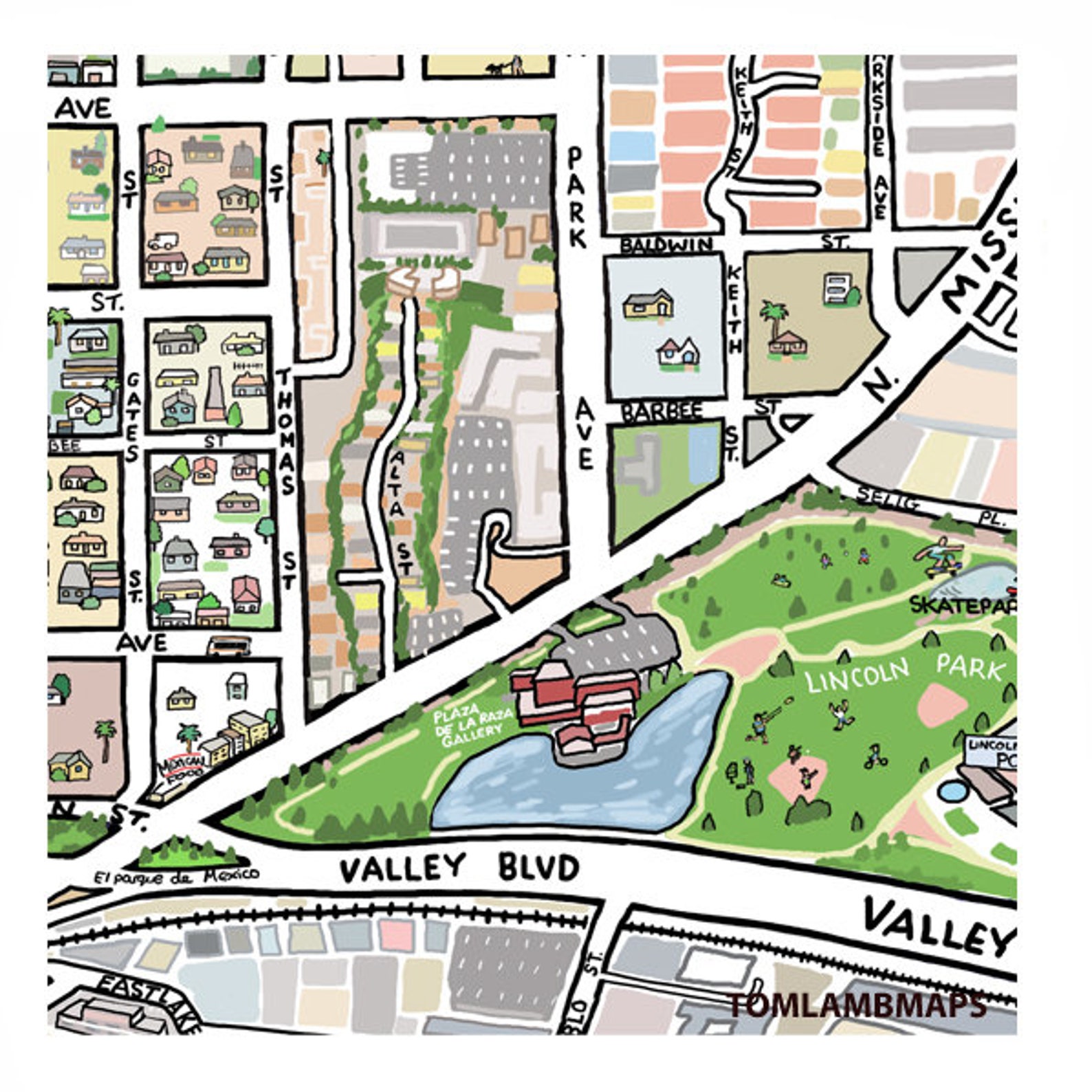 Lincoln Heights CA mappa stampa disegnata a mano L.A. California arte