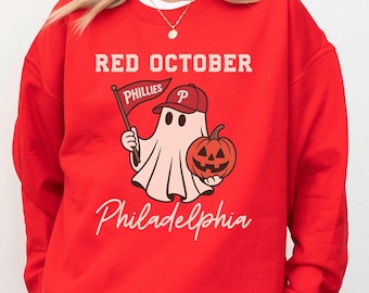 Bluza Phillies Red October, Czerwona koszulka Philadelphia Football Red October, Bluza z motywem ducha Halloween, Straszna koszulka baseballowa na Halloween