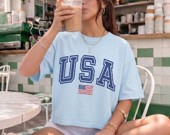 Comfort Colors USA Flag Crop Top: American Flag Cropped Tee, Womens 4th of July Boxy Shirt