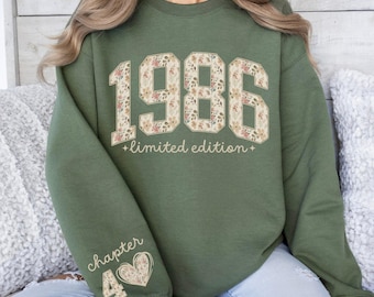 Sudadera retro de cumpleaños de 1986 con diseño floral, regalo de 40 cumpleaños para mujer, sudadera de edición limitada de 1986, capítulo 40, regalo de cumpleaños para ella