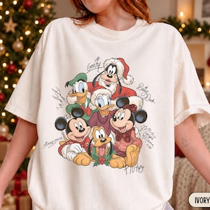 Retro Mickey And Friends Disney Christmas Shirt, Comfort Colors Mickey Signatures Disney Holiday Family Shirts, Disneyland Vacation Trip Tee