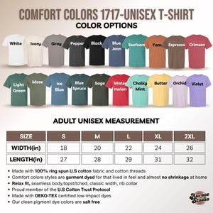 K&ouml;nnte beinhalten: Eine Tabelle zeigt Comfort Colors 1717 Unisex-T-Shirts in verschiedenen Farben, darunter Wei&szlig;, Schwarz und Blue Jean. Sie zeigt auch Erwachsenen-Unisex-Ma&szlig;e f&uuml;r die Gr&ouml;&szlig;en S bis 2XL, mit Breiten von 45.7 bis 66 cm und L&auml;ngen von 68.6 bis 81.3 cm.
