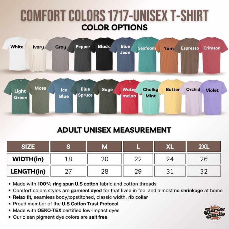 K&ouml;nnte beinhalten: Eine Tabelle zeigt Comfort Colors 1717 Unisex-T-Shirts in verschiedenen Farben, darunter Wei&szlig;, Schwarz und Blue Jean. Sie zeigt auch Erwachsenen-Unisex-Ma&szlig;e f&uuml;r die Gr&ouml;&szlig;en S bis 2XL, mit Breiten von 45.7 bis 66 cm und L&auml;ngen von 68.6 bis 81.3 cm.