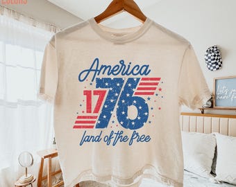 1776 America Comfort Colors® Boxy Shirt, Land of the Free USA 4th of July Crop Top, Retro USA Patriotic Graphic Tee, Women's 4th of July Tee