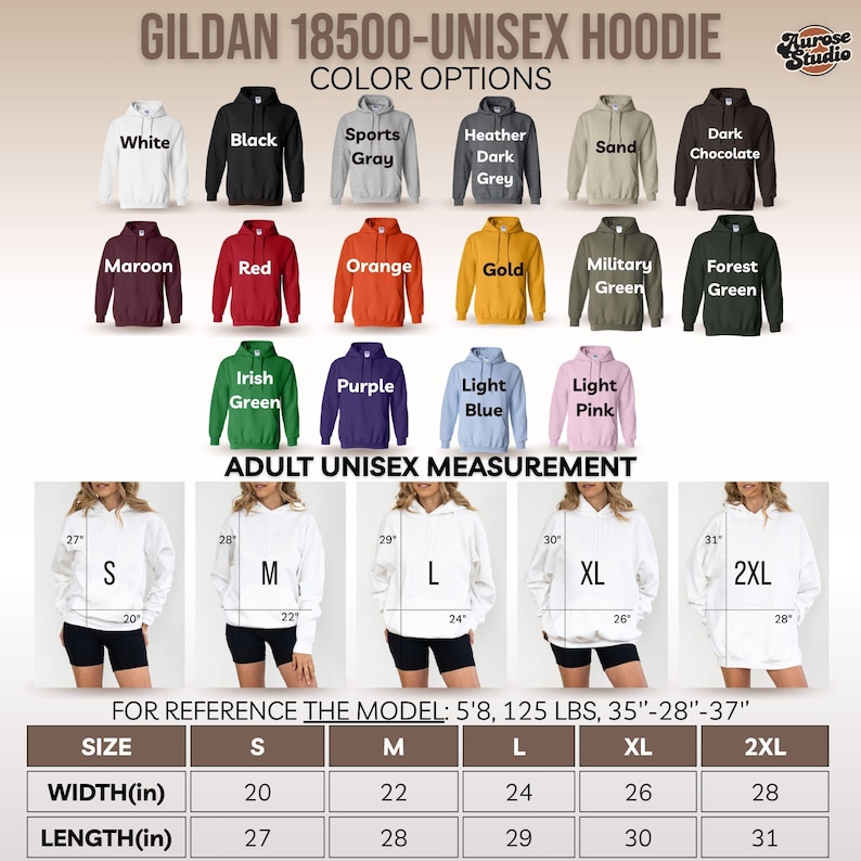 May include: A product image showcasing a Gildan 18500 unisex hoodie. Color options include white, black, and various shades like gray, maroon, and orange. The image also displays adult unisex measurements, with sizes ranging from S to 2XL, and width measurements from 20 to 28 inches.