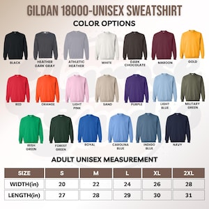 May include: A product image showcasing a Gildan 18000 unisex sweatshirt in various colors, including black, heather gray, white, and red. The image also displays size measurements in inches, with widths ranging from 20 to 28 inches and lengths from 27 to 31 inches.
