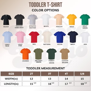 May include: Image of a toddler t-shirt colour chart, with options like black, white, and red. A size chart is included, showing measurements in inches for width and length, from 2T to 5/6. The width ranges from 30.48cm to 38.1cm.