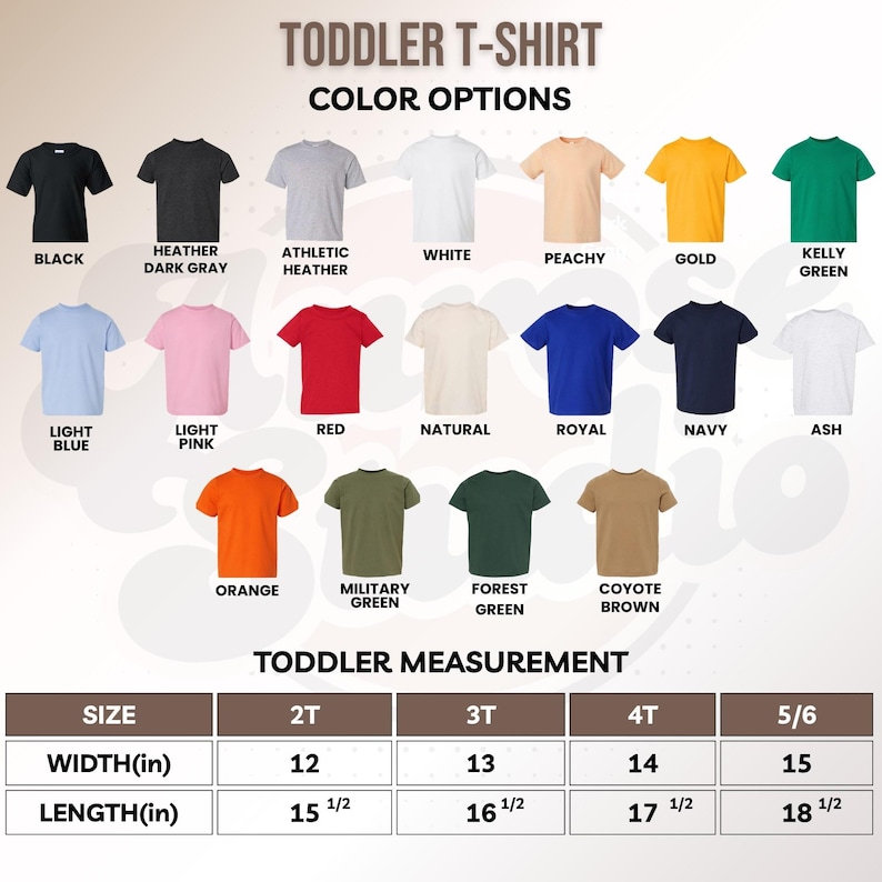May include: Image of a toddler t-shirt colour chart, with options like black, white, and red. A size chart is included, showing measurements in inches for width and length, from 2T to 5/6. The width ranges from 30.48cm to 38.1cm.