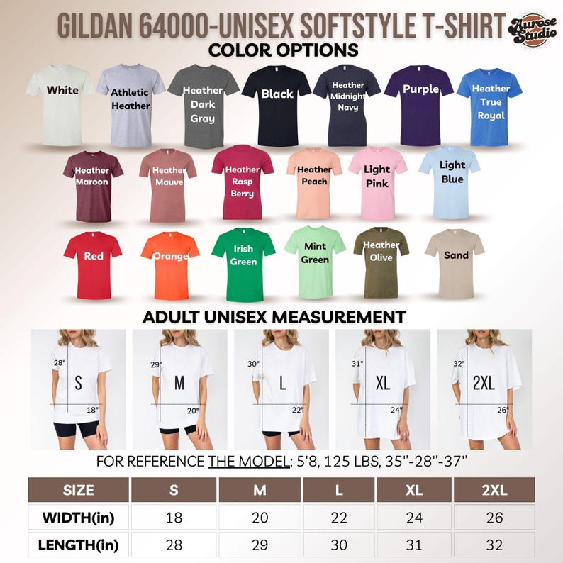 Puede incluir: Imagen de una camiseta Gildan 64000-Unisex Softstyle. Se muestran opciones de color como blanco, negro y gris jaspeado. La imagen incluye medidas unisex para adultos, tallas S a 2XL, anchos de 45.7 a 66 cm. El texto incluye las medidas del modelo.