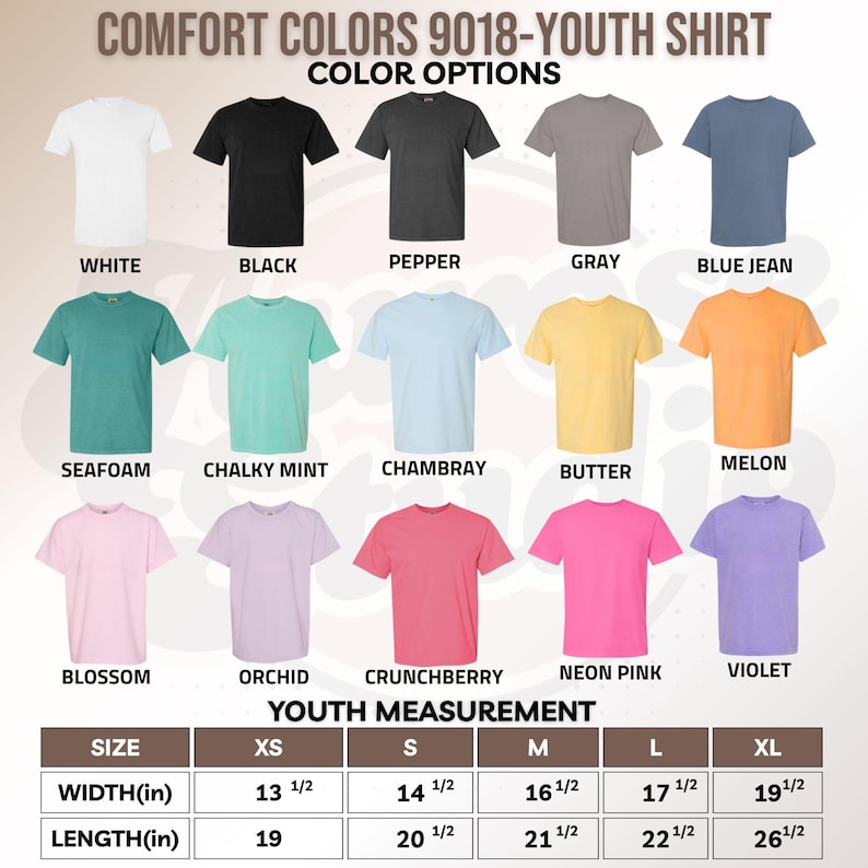 May include: A Comfort Colors 9018 youth t-shirt color chart displaying fifteen short-sleeve shirts in white, black, pepper, gray, blue jean, seafoam, chalky mint, chambray, butter, melon, blossom, orchid, crunchberry, neon pink, and violet.
