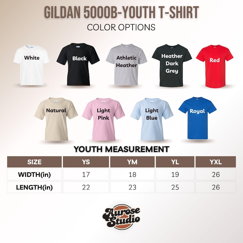 May include: A chart showing the color and size options for Gildan 5000B youth t-shirts. The chart shows 10 different colors, including white, black, athletic heather, heather dark grey, red, natural, light pink, light blue, royal blue, and a size chart with measurements in inches for youth sizes YS, YM, YL, and YXL.