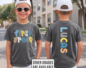 Custom First Day of School Shirt For Toddler: Kindergarten Checkered Boy Shirt, Personalized Name Back To School Outfit, Preschool Tee