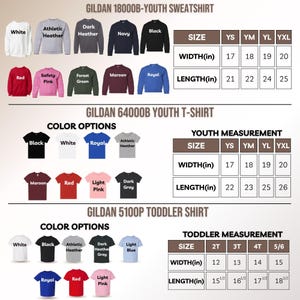 K&ouml;nnte beinhalten: Produktbild mit Gildan-Bekleidung f&uuml;r Jugendliche und Kleinkinder, einschlie&szlig;lich Sweatshirts und T-Shirts. Farboptionen werden zusammen mit Gr&ouml;&szlig;entabellen mit Breiten- und L&auml;ngenma&szlig;en in cm f&uuml;r jede Kleidungsgr&ouml;&szlig;e angezeigt.
