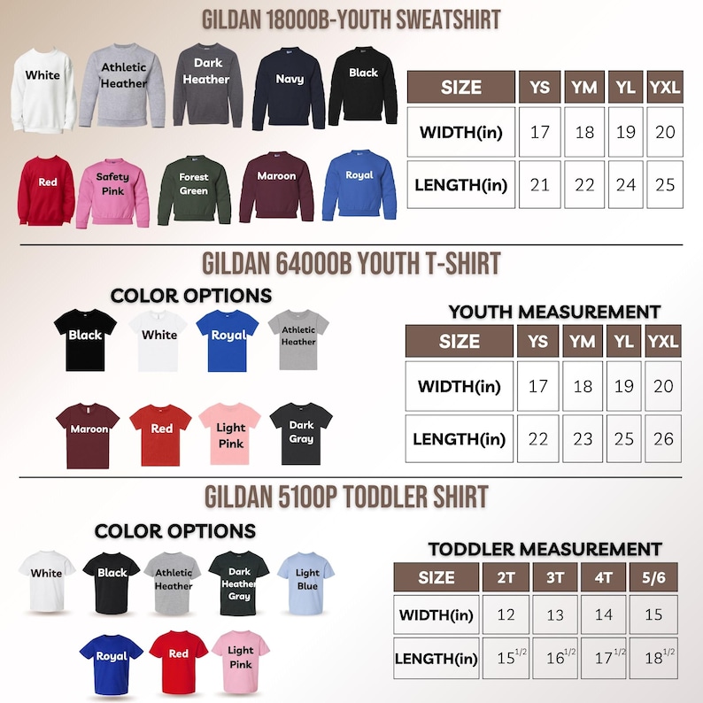 K&ouml;nnte beinhalten: Produktbild mit Gildan-Bekleidung f&uuml;r Jugendliche und Kleinkinder, einschlie&szlig;lich Sweatshirts und T-Shirts. Farboptionen werden zusammen mit Gr&ouml;&szlig;entabellen mit Breiten- und L&auml;ngenma&szlig;en in cm f&uuml;r jede Kleidungsgr&ouml;&szlig;e angezeigt.