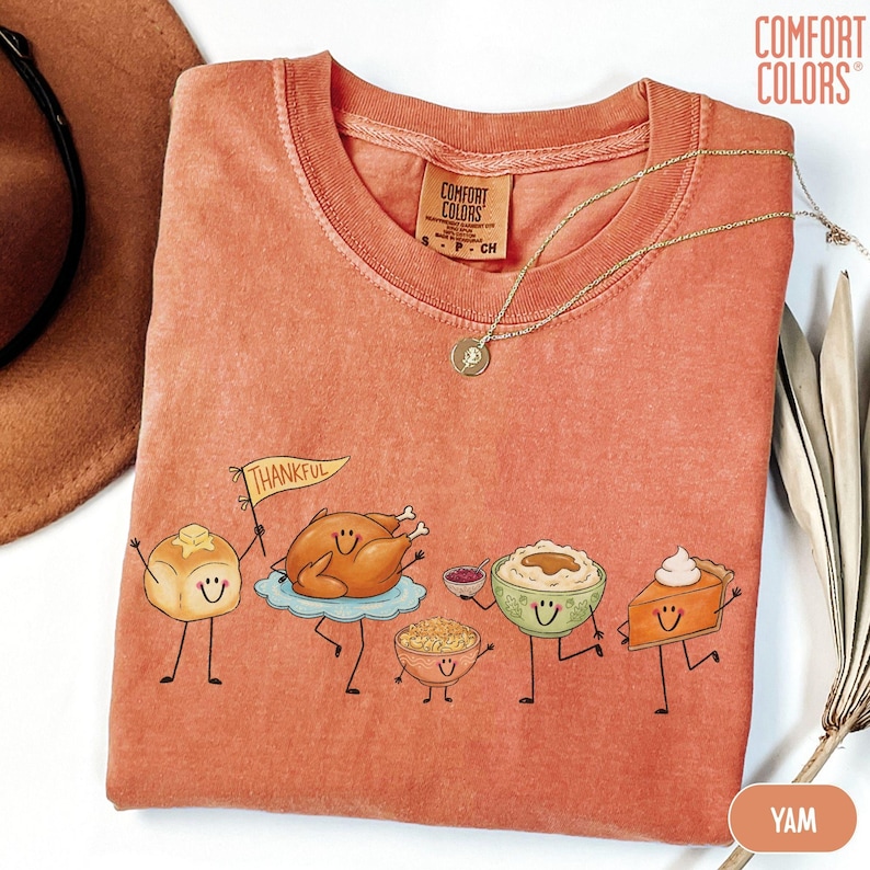 Comfort Colors® Thanksgiving Doodle T-Shirt, Happy Thankful Shirt, Pumpkin Pie Coffee Turkey Food Shirts