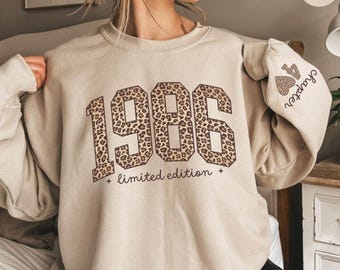 1986 Retro Birthday Sweatshirt, Leopard 40th Birthday Gifts for Women, Christmas Gift for Mom Fourtieth Sweater Born, Gift for Her