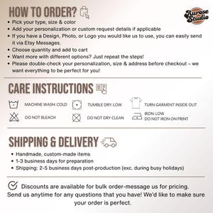 Puede incluir: Un gr&aacute;fico blanco con texto que detalla c&oacute;mo realizar un pedido, instrucciones de cuidado e informaci&oacute;n de env&iacute;o. El texto incluye instrucciones para la personalizaci&oacute;n, el lavado y los plazos de entrega. El logotipo de Aurose Studio est&aacute; en la esquina superior derecha.