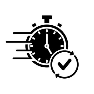 May include: A black and white graphic icon of a stopwatch with motion lines, a clock face, and a checkmark inside a circular arrow. The stopwatch indicates speed and efficiency.