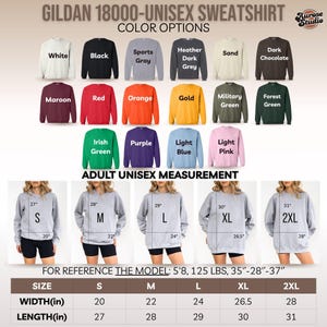 Puede incluir: Imagen de una sudadera unisex Gildan 18000 en varios colores. Muestra medidas en cm para tallas S a 2XL, con anchos de 50.8 cm a 71.1 cm y largos de 68.6 cm a 78.7 cm.