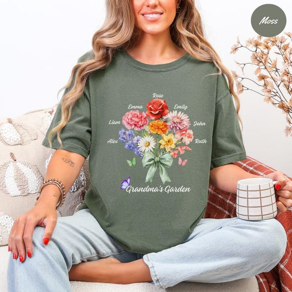Comfort Colors Birth Flower Shirt, Custom Birth Flowers with Kids Names, Grandmas Garden Tee, Christmas Gift for Mom