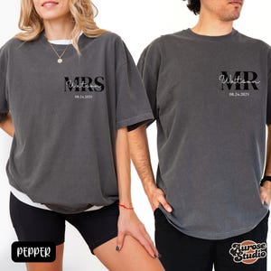 Custom Mrs & Mr Comfort Colors® Shirt With Family Name, Personalized Engagement Shirt, Wedding Bride Groom Tee, Wifey Hubby Newlywed Gifts