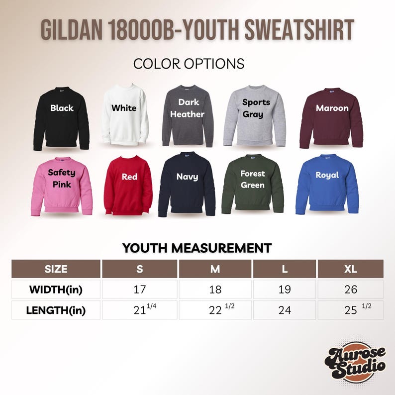 May include: A display of Gildan 18000B youth sweatshirts in various colors, including black, white, dark heather, sports gray, maroon, safety pink, red, navy, forest green, and royal. Measurements are provided in inches for sizes S to XL.