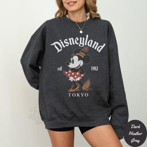 Puede incluir: Sudadera gris oscuro con un gr&aacute;fico de Minnie Mouse. El dise&ntilde;o incluye el texto "Disneyland Tokyo est. 1983". Minnie Mouse se representa con un vestido de lunares rojos y zapatos marrones. La sudadera es de estilo casual.