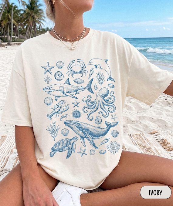 90s Sea Animals T-Shirt - Comfort Colors Unisex Graphic Vintage Ocean Wildlife Tee - Retro Marine Biology Shirt - Nostalgia Fish TShirt