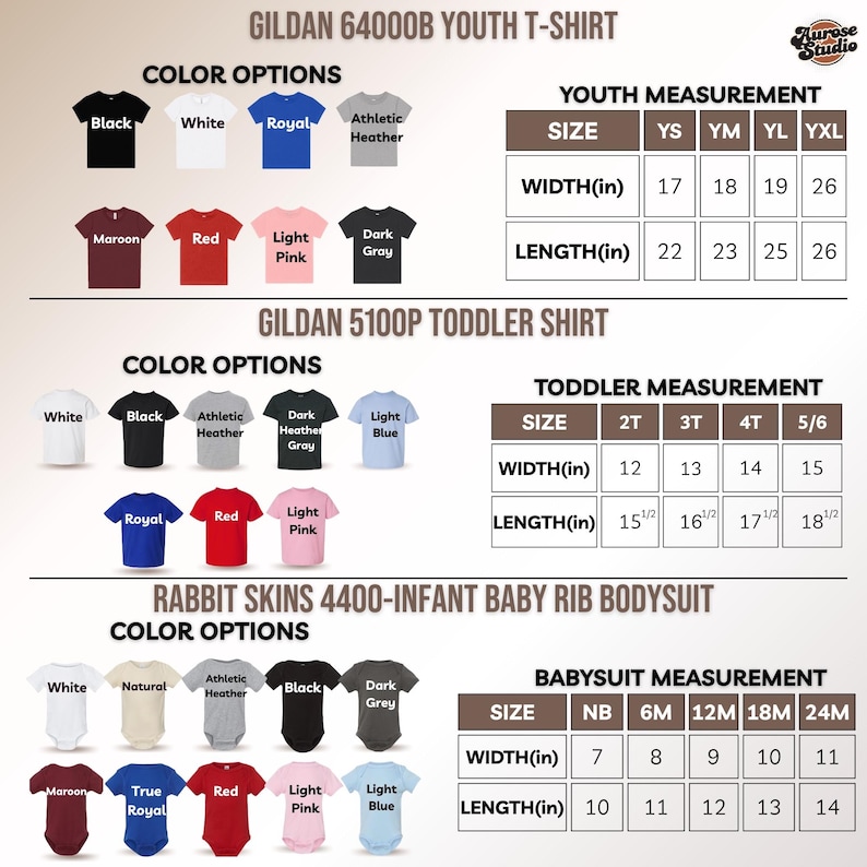 Pu&ograve; includere: Una tabella delle taglie e dei colori per t-shirt da ragazzi Gildan 64000B, t-shirt per bambini piccoli Gildan 5100P e body per neonati Rabbit Skins 4400. L'immagine mostra vari campioni di colore e tabelle con misure di larghezza e lunghezza.