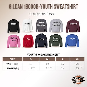 May include: A display of Gildan 18000B youth sweatshirts in various colors, including black, white, and red. The image also shows size measurements in inches: width from 17 to 26 inches, and length from 21 1/4 to 25 1/2 inches.