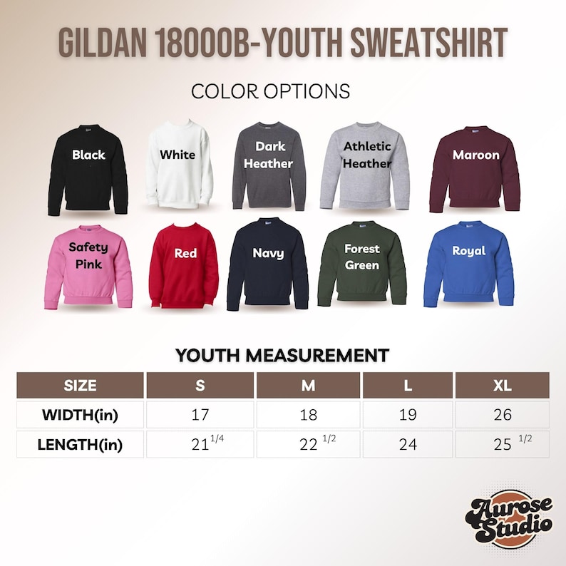 May include: A display of Gildan 18000B youth sweatshirts in various colors, including black, white, and red. The image also shows size measurements in inches: width from 17 to 26 inches, and length from 21 1/4 to 25 1/2 inches.