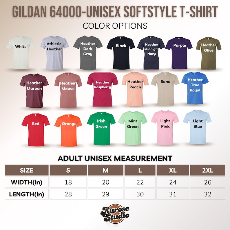 Puede incluir: Una exhibici&oacute;n de camisetas Gildan 64000-Unisex Softstyle en varios colores, incluyendo blanco, negro y rojo. La imagen tambi&eacute;n muestra medidas en pulgadas para tallas unisex de adulto, desde la S hasta la 2XL, con anchos de 45.7 a 66 cm y largos de 71.1 a 81.3 cm.