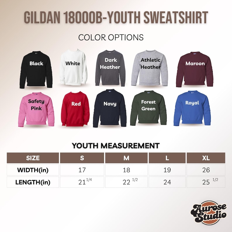 Puede incluir: Imagen de una sudadera Gildan 18000B para j&oacute;venes en varios colores, como negro, blanco y rojo. La imagen tambi&eacute;n muestra una tabla de tallas con medidas en pulgadas para el ancho y el largo, desde la talla S hasta la XL.