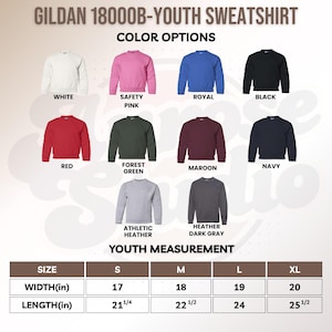 May include: A product image showcasing a Gildan 18000B youth sweatshirt in various colors: white, pink, royal blue, black, red, forest green, maroon, navy, athletic heather, and heather dark gray. The image also includes youth measurement details in inches.