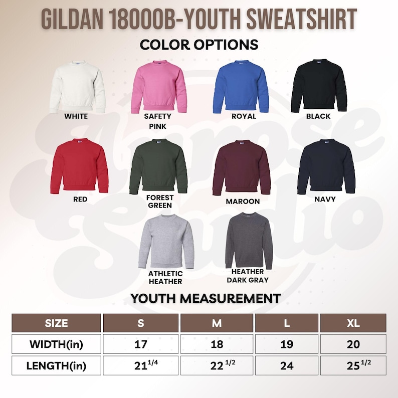 May include: A product image showcasing a Gildan 18000B youth sweatshirt in various colors: white, pink, royal blue, black, red, forest green, maroon, navy, athletic heather, and heather dark gray. The image also includes youth measurement details in inches.