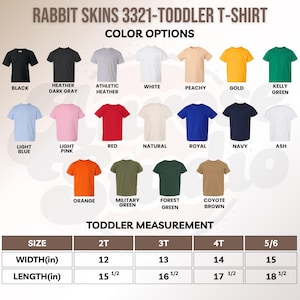 K&ouml;nnte beinhalten: Eine Auswahl an T-Shirts f&uuml;r Kleinkinder in verschiedenen Farben, darunter Schwarz, Wei&szlig; und Blau. Das Bild zeigt Farboptionen und Gr&ouml;&szlig;enangaben in Zoll f&uuml;r die Gr&ouml;&szlig;en 2T bis 5/6. Der Text auf dem Bild lautet "Rabbit Skins 3321-Toddler T-Shirt."