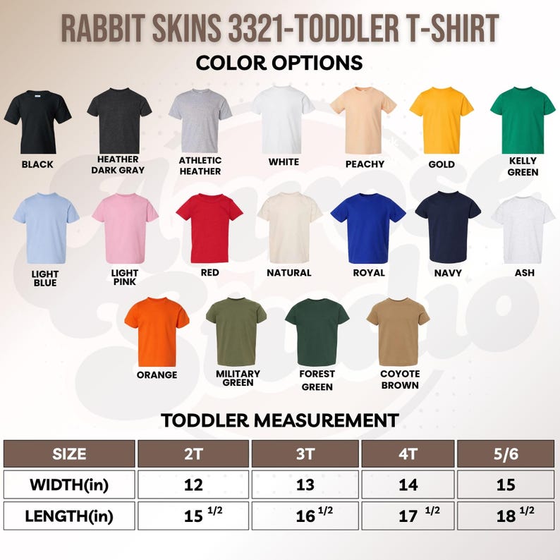 K&ouml;nnte beinhalten: Eine Auswahl an T-Shirts f&uuml;r Kleinkinder in verschiedenen Farben, darunter Schwarz, Wei&szlig; und Blau. Das Bild zeigt Farboptionen und Gr&ouml;&szlig;enangaben in Zoll f&uuml;r die Gr&ouml;&szlig;en 2T bis 5/6. Der Text auf dem Bild lautet "Rabbit Skins 3321-Toddler T-Shirt."