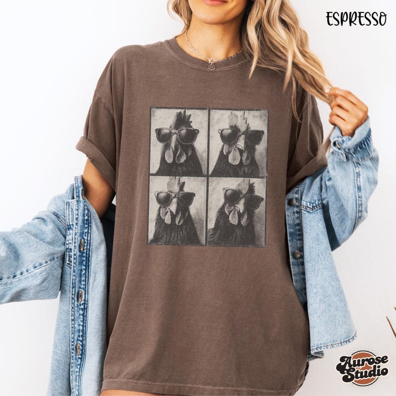 Comfort Colors® Photobooth Chicken Shirt, Retro Grunge Chicken Tee, Funny Chicken With Sunglasses Shirt, Farm Animal Women Chicken Lover Tee