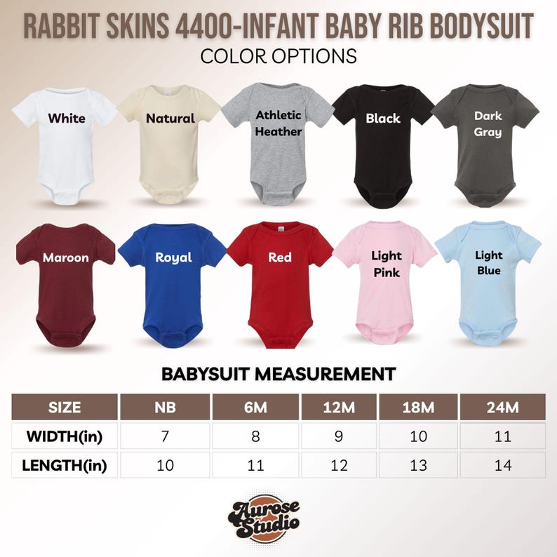 Może przedstawiać: Wyb&oacute;r body dla niemowląt w r&oacute;żnych kolorach, w tym białym, czarnym i czerwonym. Obraz przedstawia "Rabbit Skins 4400-Infant Baby Rib Bodysuit" ze szczeg&oacute;łami rozmiar&oacute;w i wymiar&oacute;w. Szerokości wahają się od 17,78 cm do 27,94 cm.
