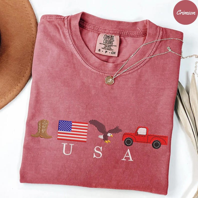 Embroidered USA Shirt: Comfort Colors® 4th of July T-shirt, America Icons Cowboy Boots, Cowboy Hat, Pickup Truck, Eagle Embroidery Tee image 2
