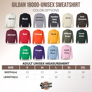 Puede incluir: Imagen de una sudadera unisex Gildan 18000 en varios colores, como blanco, negro y rojo. La imagen tambi&eacute;n muestra medidas en cm, con anchos de 51 a 71 cm y largos de 69 a 79 cm.