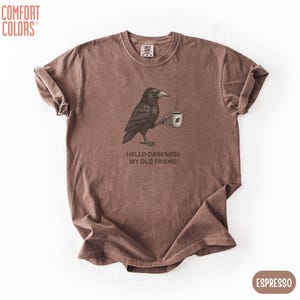 May include: A brown short-sleeve t-shirt featuring a graphic of a black crow holding a steaming mug. Below the crow, the text reads, "HELLO DARKNESS MY OLD FRIEND." The shirt has a crew neckline and a relaxed fit, with the brand name Comfort Colors visible.