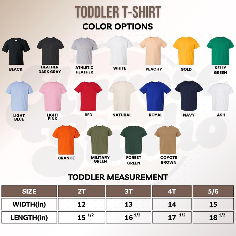 May include: A graphic showing a variety of toddler t-shirts in different colors, including black, white, and red. The image also displays a size chart with measurements in inches for width and length, ranging from 2T to 5/6.