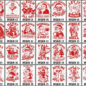 Pu&ograve; includere: Una collezione di ventotto disegni grafici rossi e bianchi con illustrazioni a tema natalizio che includono Babbo Natale, scheletri, figure di pan di zenzero e animali, ognuno abbinato a didascalie umoristiche etichettate da Design 01 a 28.